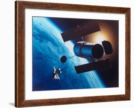 Artist's Rendering of Fully Deployed Hubble Space Telescope with Shuttle Orbiter in Vicinity-null-Framed Photographic Print