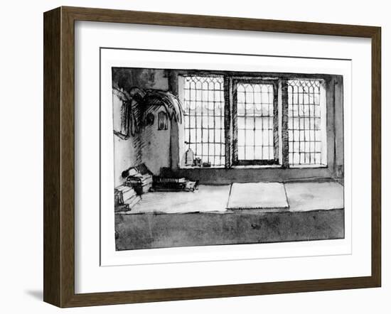 Artist's Worktable at the Window Overlooking the River, C.1650 (Pen, Ink and Wash on Paper)-Willem Drost-Framed Giclee Print