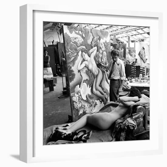 Artist Thomas Hart Benton Working on Painting "Rape of Persephone" in Studio Using Live Nude Model-Alfred Eisenstaedt-Framed Premium Photographic Print