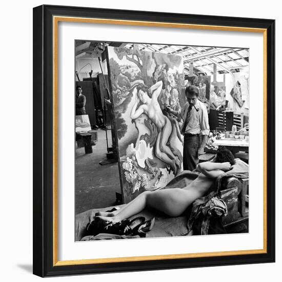 Artist Thomas Hart Benton Working on Painting "Rape of Persephone" in Studio Using Live Nude Model-Alfred Eisenstaedt-Framed Premium Photographic Print