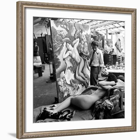 Artist Thomas Hart Benton Working on Painting "Rape of Persephone" in Studio Using Live Nude Model-Alfred Eisenstaedt-Framed Premium Photographic Print