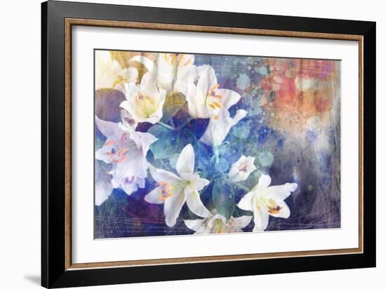 Artistic Abstract Watercolor Painting with Lily Flowers on Paper Texture-run4it-Framed Premium Giclee Print