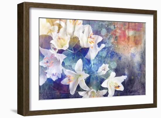 Artistic Abstract Watercolor Painting with Lily Flowers on Paper Texture-run4it-Framed Art Print