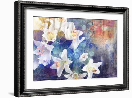 Artistic Abstract Watercolor Painting with Lily Flowers on Paper Texture-run4it-Framed Art Print