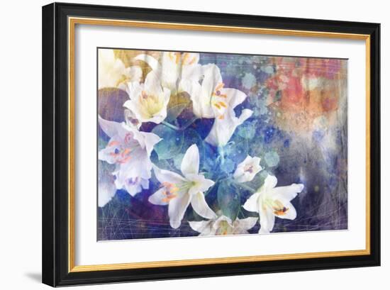 Artistic Abstract Watercolor Painting with Lily Flowers on Paper Texture-run4it-Framed Art Print