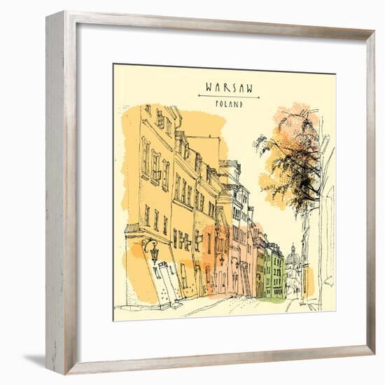 Artistic Illustration of a Street in in Old Center of Warsaw, Poland, Europe. Historical Buildings-babayuka-Framed Premium Giclee Print