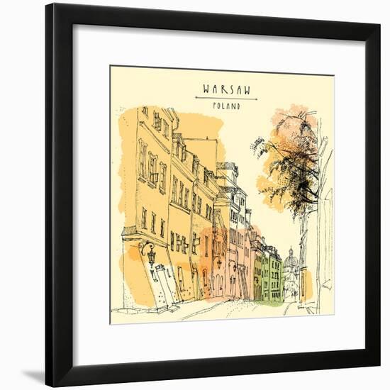 Artistic Illustration of a Street in in Old Center of Warsaw, Poland, Europe. Historical Buildings-babayuka-Framed Premium Giclee Print