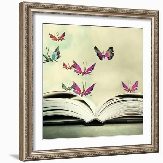 Artistic Image of an Open Book and Colorful Butterflies that Hover in the Sky-Valentina Photos-Framed Photographic Print