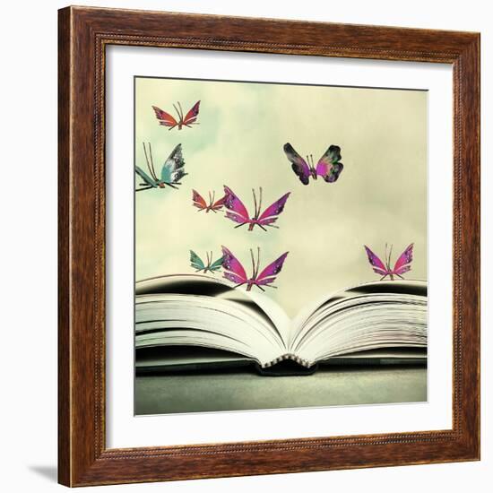 Artistic Image of an Open Book and Colorful Butterflies that Hover in the Sky-Valentina Photos-Framed Photographic Print