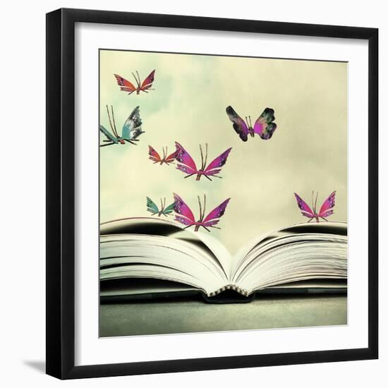 Artistic Image of an Open Book and Colorful Butterflies that Hover in the Sky-Valentina Photos-Framed Photographic Print