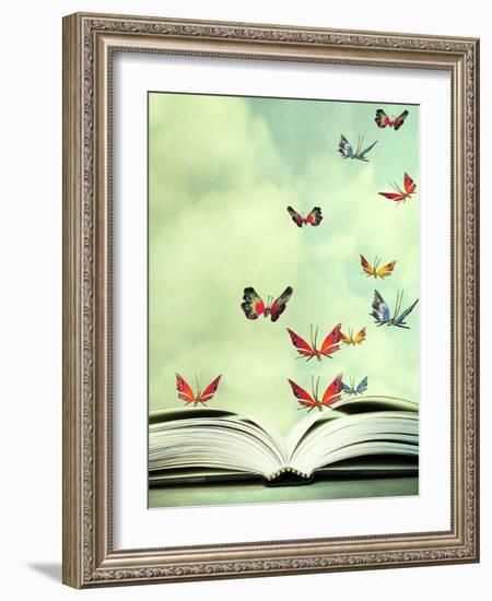 Artistic Image of an Open Book and Colorful Butterflies that Hover in the Sky-Valentina Photos-Framed Photographic Print