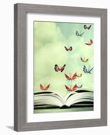 Artistic Image of an Open Book and Colorful Butterflies that Hover in the Sky-Valentina Photos-Framed Photographic Print