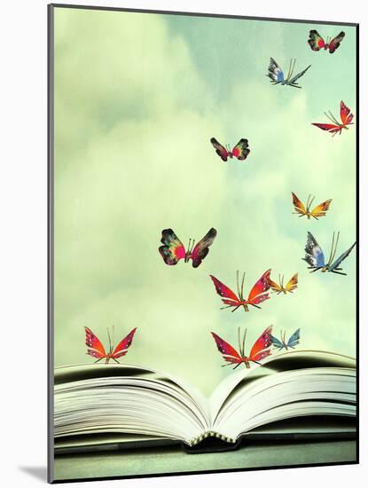 Artistic Image of an Open Book and Colorful Butterflies that Hover in the Sky-Valentina Photos-Mounted Photographic Print