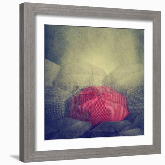 Artistic Image of Red Umbrella Standing out from the Crowd-hitdelight-Framed Photographic Print