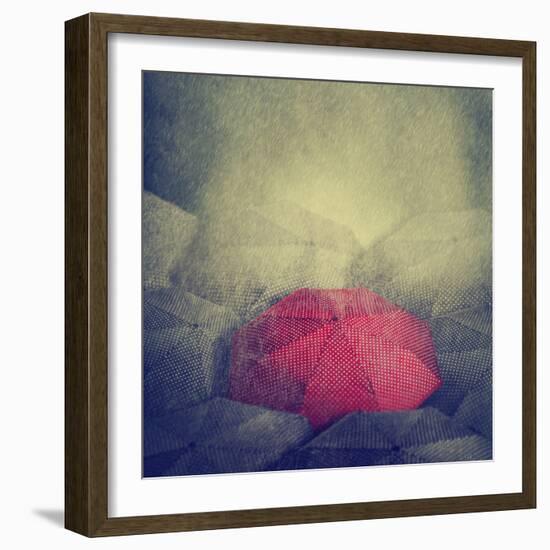 Artistic Image of Red Umbrella Standing out from the Crowd-hitdelight-Framed Photographic Print