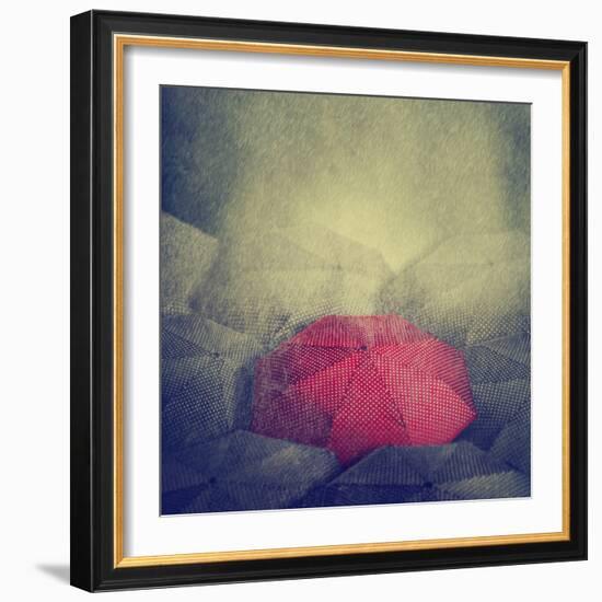 Artistic Image of Red Umbrella Standing out from the Crowd-hitdelight-Framed Photographic Print