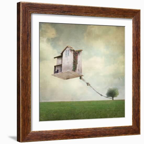 Artistic Image Representing an House Floating in the Air Tied to a Rope to the Tree in a Surreal Vi-Valentina Photos-Framed Photographic Print