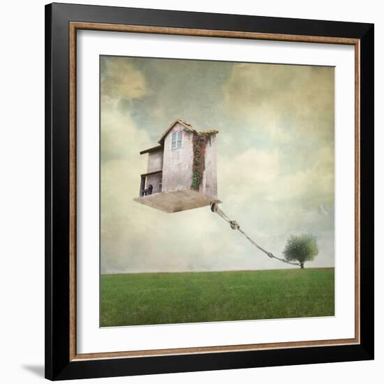 Artistic Image Representing an House Floating in the Air Tied to a Rope to the Tree in a Surreal Vi-Valentina Photos-Framed Photographic Print