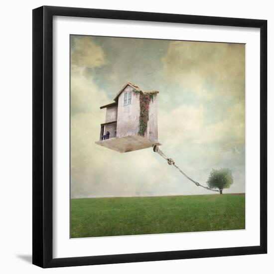 Artistic Image Representing an House Floating in the Air Tied to a Rope to the Tree in a Surreal Vi-Valentina Photos-Framed Photographic Print