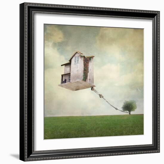 Artistic Image Representing an House Floating in the Air Tied to a Rope to the Tree in a Surreal Vi-Valentina Photos-Framed Photographic Print
