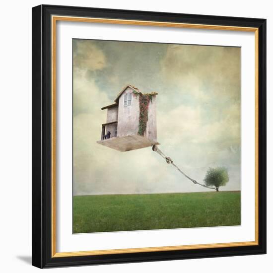 Artistic Image Representing an House Floating in the Air Tied to a Rope to the Tree in a Surreal Vi-Valentina Photos-Framed Photographic Print