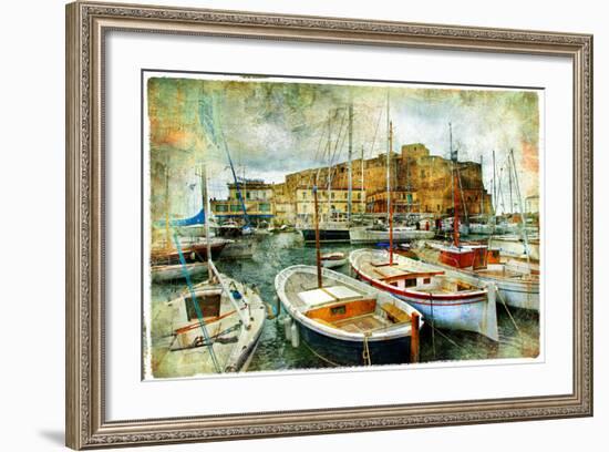 Artistic Picture In Painting Style - Boats In Naples Port In Front Of Castle Uovo-Maugli-l-Framed Art Print