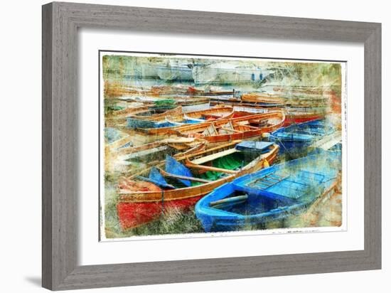 Artistic Picture In Painting Style - Boats In Naples Port-Maugli-l-Framed Art Print