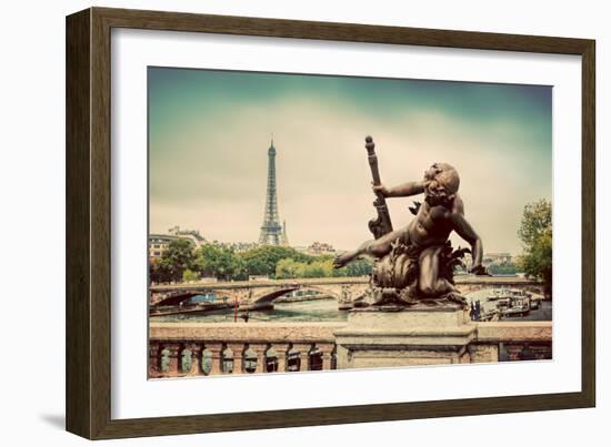 Artistic Statue on Pont Alexandre III Bridge in Paris, France. Seine River and Eiffel Tower. Vintag-Michal Bednarek-Framed Photographic Print