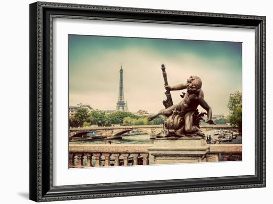 Artistic Statue on Pont Alexandre III Bridge in Paris, France. Seine River and Eiffel Tower. Vintag-Michal Bednarek-Framed Photographic Print