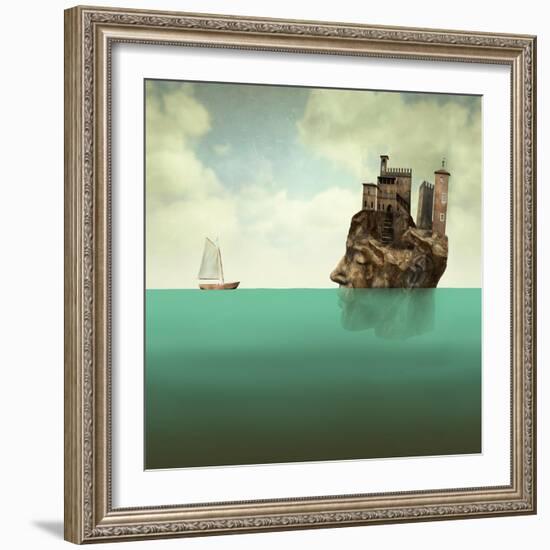 Artistic Surreal Illustration Representing a Head, a Profile Face of Man in Stone with Ancient Towe-Valentina Photos-Framed Art Print