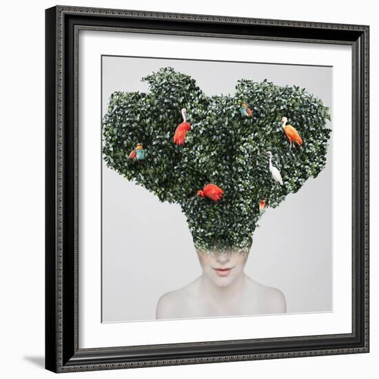 Artistic Surreal Portrait of a Girl with a Huge Headgear of Foliage and Colorful Birds on it Isolat-Valentina Photos-Framed Photographic Print