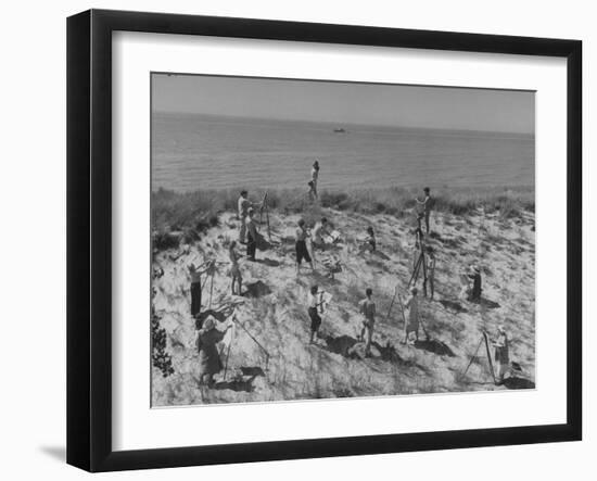 Artists Sketching and Painting Nude Model on Beach-null-Framed Photographic Print
