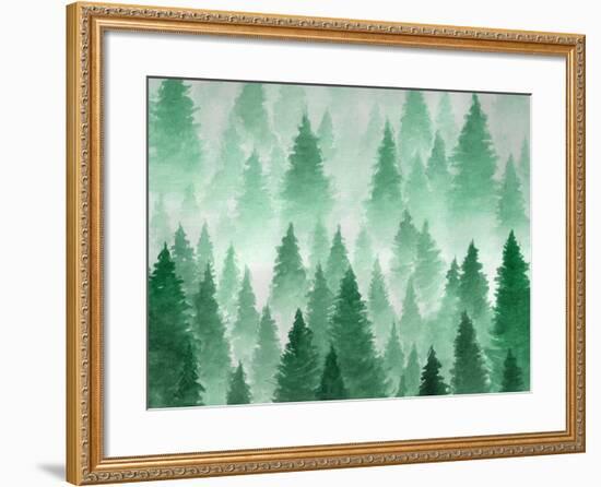 Artwork. Background Painted with Watercolor. Hand Drawn Landscape of Foggy Forest, Winter Hill. Wil-Julie July-Framed Art Print