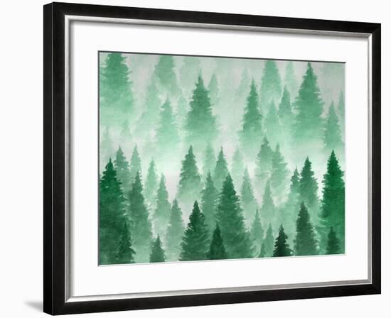 Artwork. Background Painted with Watercolor. Hand Drawn Landscape of Foggy Forest, Winter Hill. Wil-Julie July-Framed Art Print