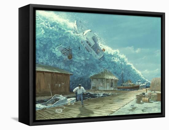 Artwork of a Tsunami Destroying a Small Harbour-Chris Butler-Framed Premier Image Canvas