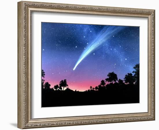 Artwork of Comet Hale-Bopp Over a Tree Landscape-Chris Butler-Framed Photographic Print