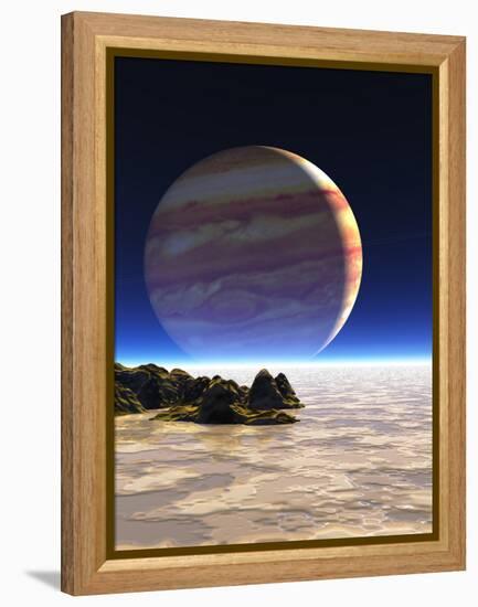 Artwork of Europa's Surface with Jupiter In Sky-Julian Baum-Framed Premier Image Canvas