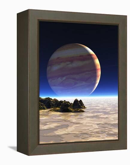 Artwork of Europa's Surface with Jupiter In Sky-Julian Baum-Framed Premier Image Canvas