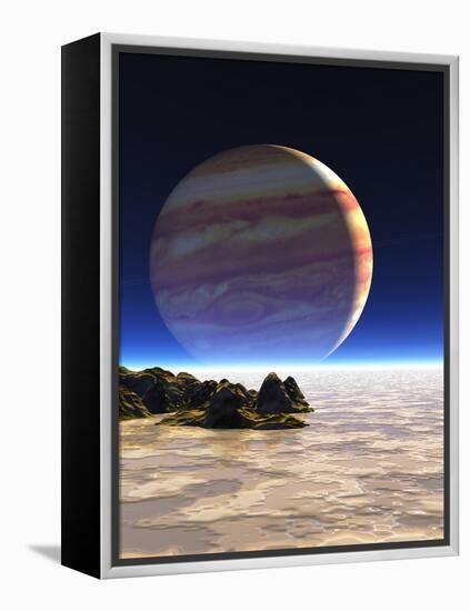 Artwork of Europa's Surface with Jupiter In Sky-Julian Baum-Framed Premier Image Canvas