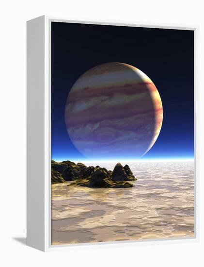 Artwork of Europa's Surface with Jupiter In Sky-Julian Baum-Framed Premier Image Canvas