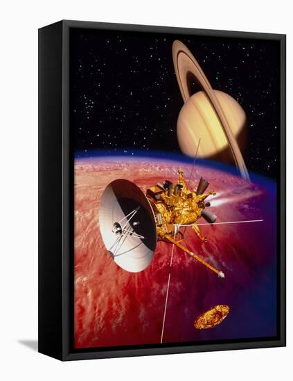 Artwork of the Cassini Spacecraft Near Titan-David Ducros-Framed Premier Image Canvas