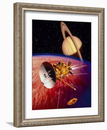 Artwork of the Cassini Spacecraft Near Titan-David Ducros-Framed Photographic Print