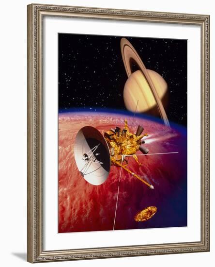 Artwork of the Cassini Spacecraft Near Titan-David Ducros-Framed Photographic Print