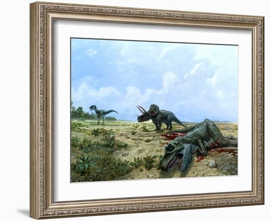 Artwork of Tyrannosaurus & Triceratops Dinosaurs-Chris Butler-Framed Photographic Print