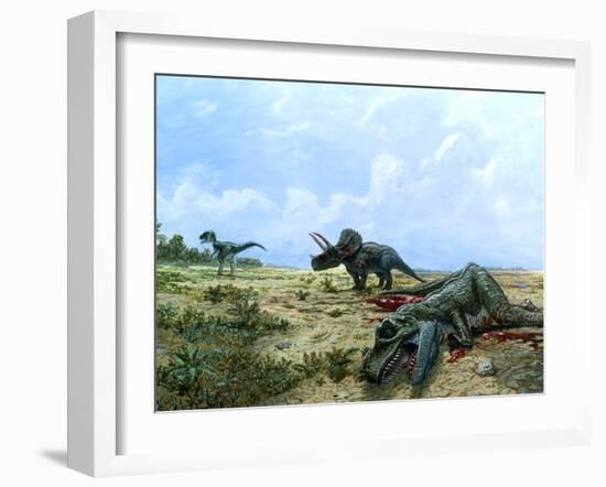 Artwork of Tyrannosaurus & Triceratops Dinosaurs-Chris Butler-Framed Photographic Print