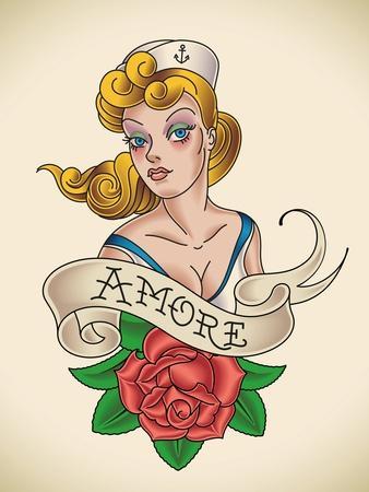 Old-School Navy Tattoo of a Pinup Lady with a Red Rose. Raster Image (Check  My Portfolio for Option' Art Print - Arty | Art.com