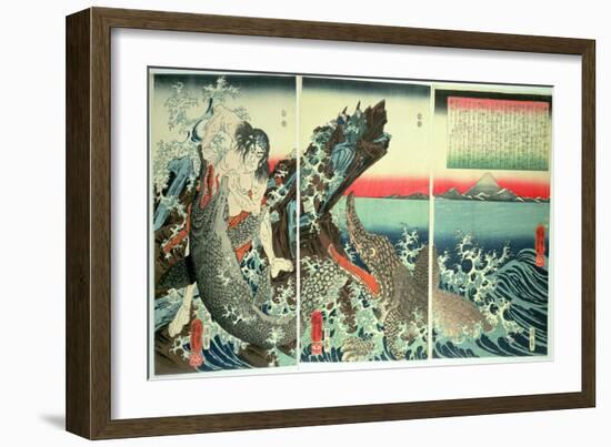 Asahina Saburo and the Crocodiles, Pub. 1849 (Colour Woodblock Print)-Kuniyoshi Utagawa-Framed Giclee Print