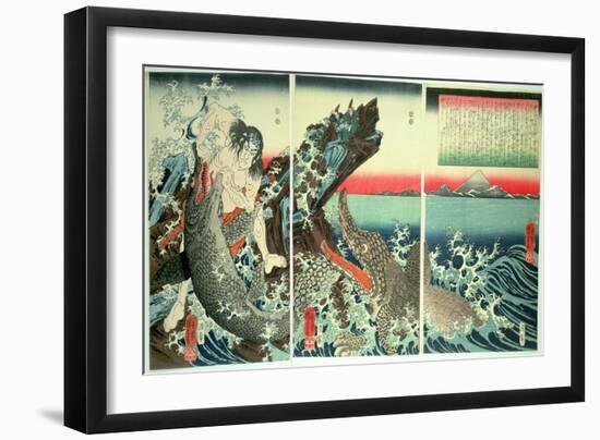 Asahina Saburo and the Crocodiles, Pub. 1849 (Colour Woodblock Print)-Kuniyoshi Utagawa-Framed Giclee Print