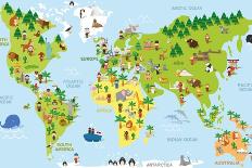 Funny Cartoon World Map with Children of Different Nationalities, Animals and Monuments of All the-asantosg-Framed Art Print