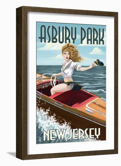 Asbury Park, New Jersey - Pinup Girl Boating-Lantern Press-Framed Art Print